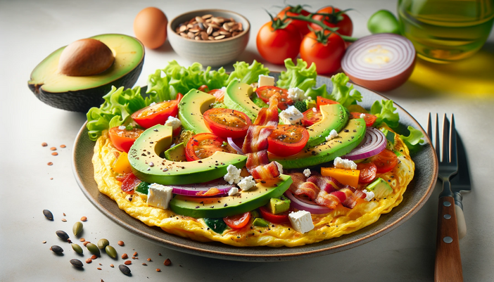 Omelette with Bacon, Avocado & Veggie Salad