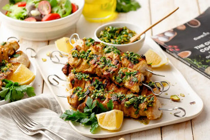 Grilled Chicken Kebabs with Pistachio Gremolata