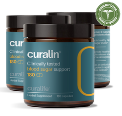A bottle of CurLife Blood Sugar Support capsules next to a variety of natural ingredients.