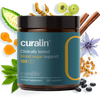 A bottle of CurLife Blood Sugar Support capsules next to a variety of natural ingredients.