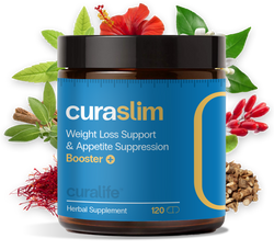 A bottle of CuraLife Weight Loss Support and Appetite Suppression pills with a measuring spoon and several plant extracts around it.
